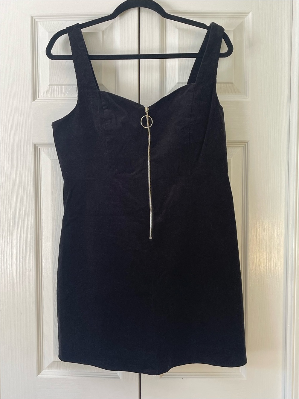 Topshop Black Velvet Corduroy Zip Front Women's Jumper Dress with Silver Accent